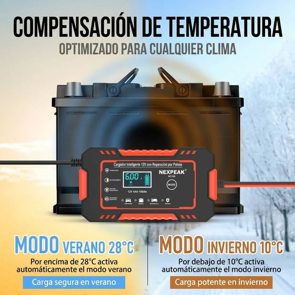 Cargador Inteligente 12V 6A Con Mantenedor Automático y Reparador Por Pulsos NEXPEAK