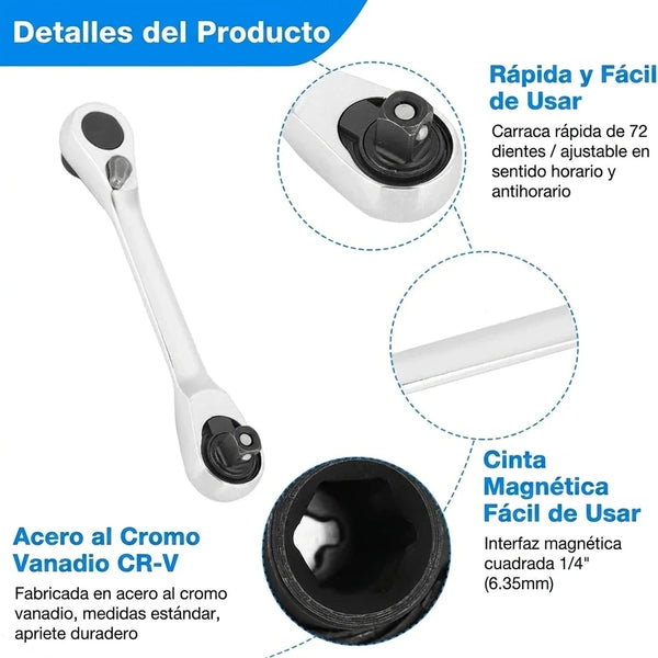 Carraca Doble 1/4" Mini Con Cabezal Dado y Portabrocas Para Espacios Reducidos