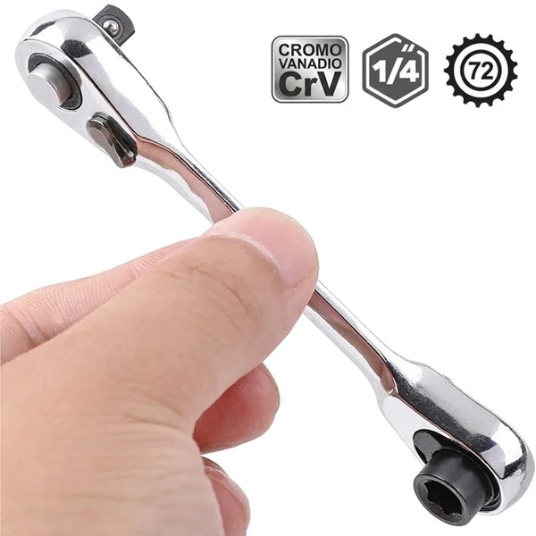 Carraca Doble 1/4" Mini Con Cabezal Dado y Portabrocas Para Espacios Reducidos