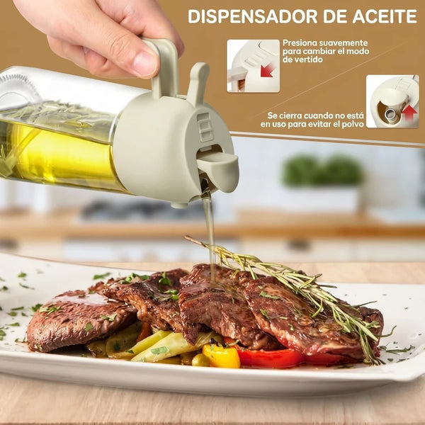 Dispensador 2 en 1 de Aceite — Rociador y Vertedor de Vidrio