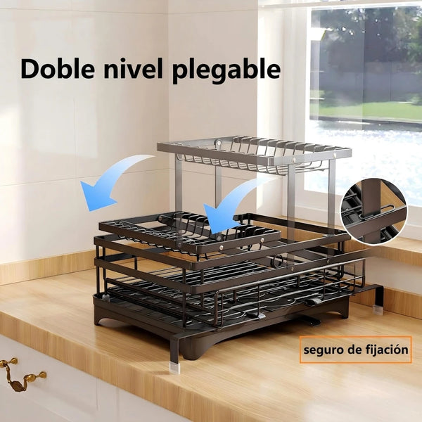 Escurridor Expansible 2 Niveles Con Drenaje 360° y Porta Cubiertos