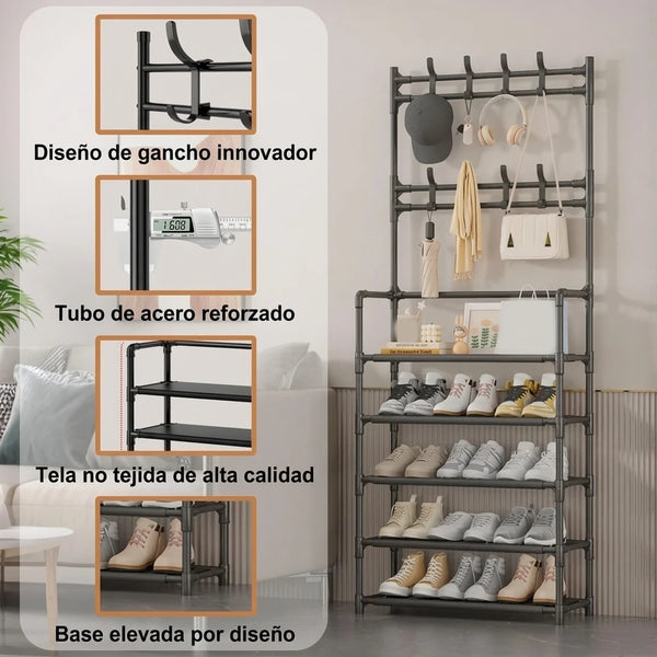Estante Organizador Multiusos 5 Niveles Con Perchero y 8 Ganchos Para Entrada y Recámara