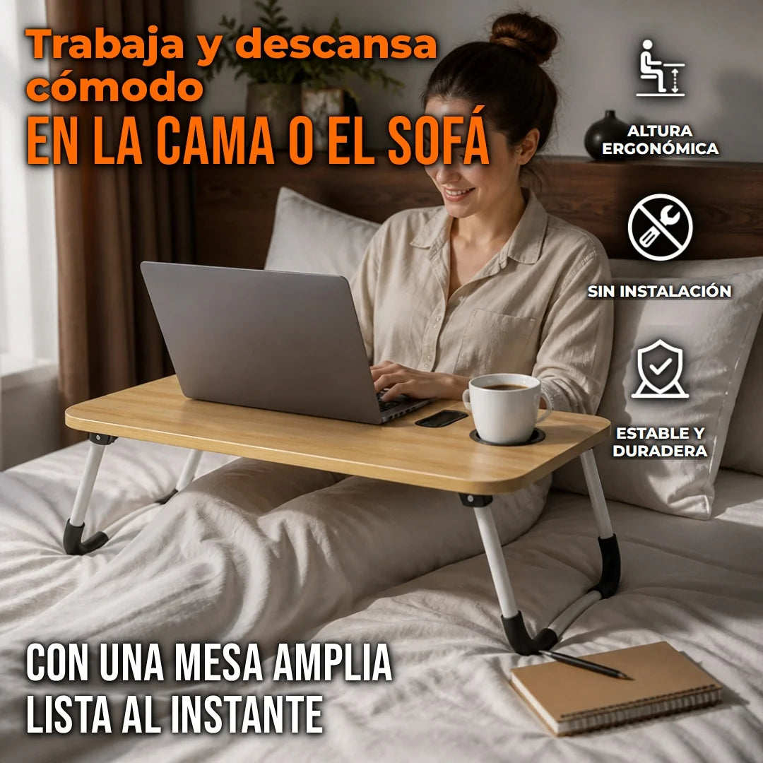 Mesa Plegable Multiusos para Cama y Sofá con Ranura para Tablet y Portavasos