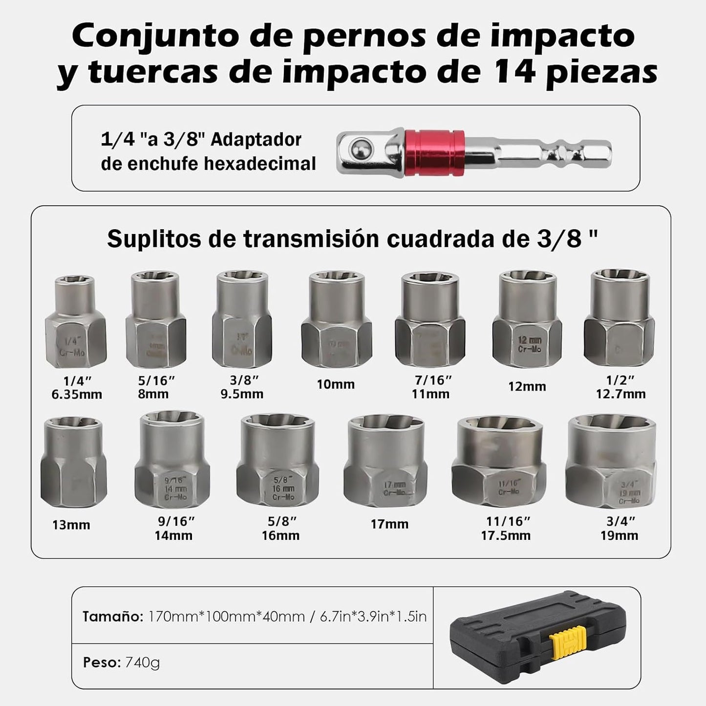 Set 14 Copas Extractoras de Tornillos y Tuercas