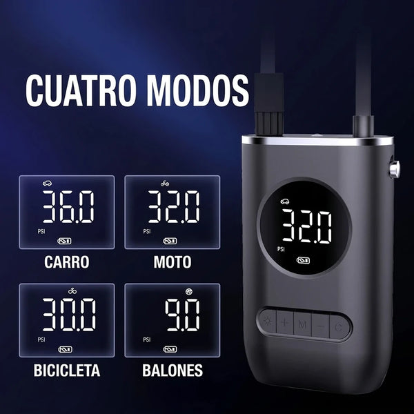 Inflador Digital Portátil 4 en 1 Con Pantalla LED y Apagado Automático / Compresor Inalámbrico USB-C