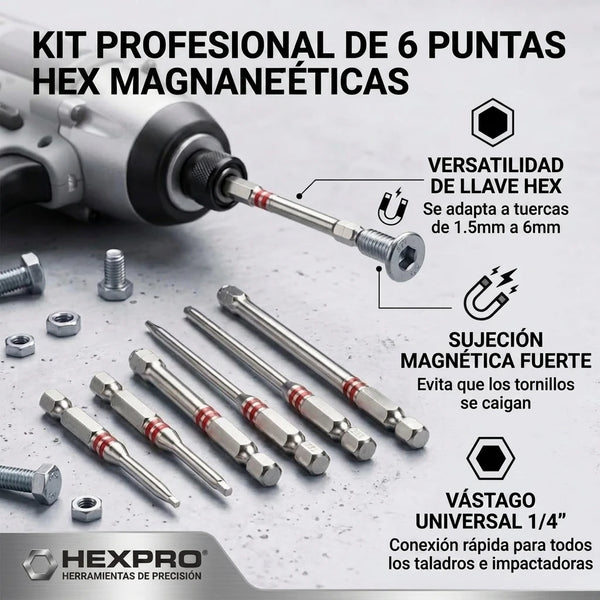Juego de Puntas Hexagonales Pagoda Magnéticas 6 Piezas Universal 1.5-6mm Para Taladro / Destornillador Eléctrico