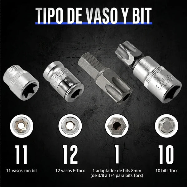 Juego de Vasos y Puntas Torx + E-Torx 34 Piezas Para Carro / Moto / Taller
