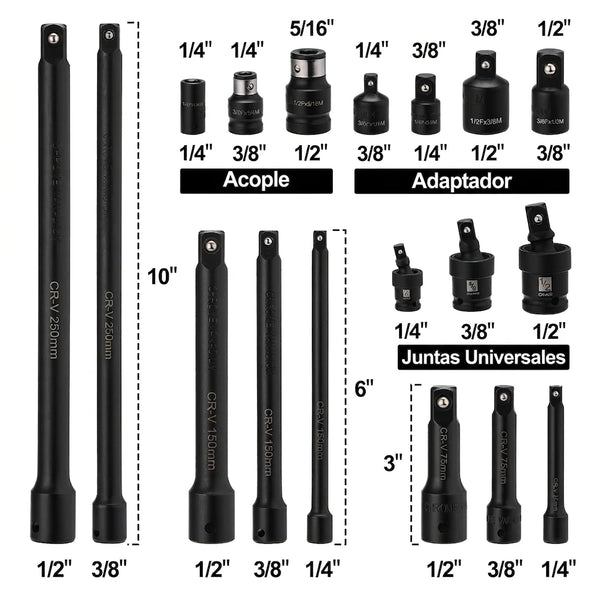 Juego Profesional 18 Piezas Extensiones y Adaptadores Para Llave De Impacto / Torquímetro CR-V