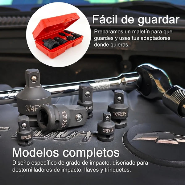 Kit 6 Piezas Adaptadores y Reductores de Impacto 1/4" 3/8" 1/2" 3/4" Para Llave de Impacto / Trinquete