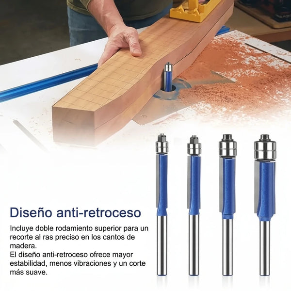 Kit Profesional 4 Piezas Fresas de Corte al Ras con Doble Rodamiento 6mm Para Fresadora / Router
