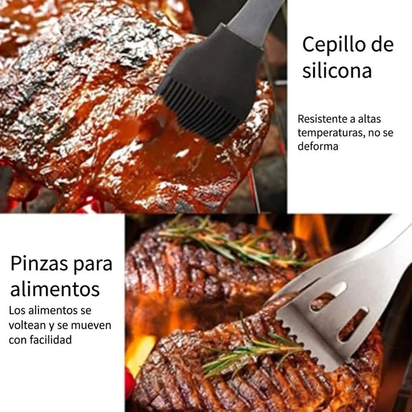 Kit Profesional 5 Piezas Utensilios de Parrilla en Acero Inoxidable con Bolsa Portátil