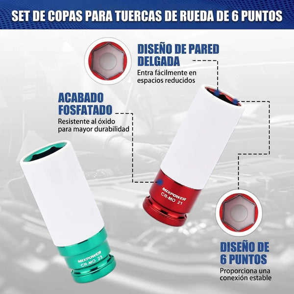Kit Profesional 7 Piezas Copas de Impacto 1/2" Protectores de Rin Con Manga Antirayadura y Pared Delgada