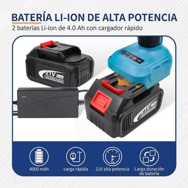 Llave de Impacto Inalámbrica 21V Brushless 1/2" Con 2 Baterías y Kit Completo En Maletín