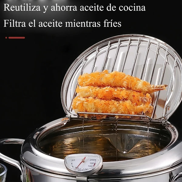 Olla Freidora de Tempura Acero Inoxidable 304 Con Termómetro y Tapa Escurridora — 3.2 L