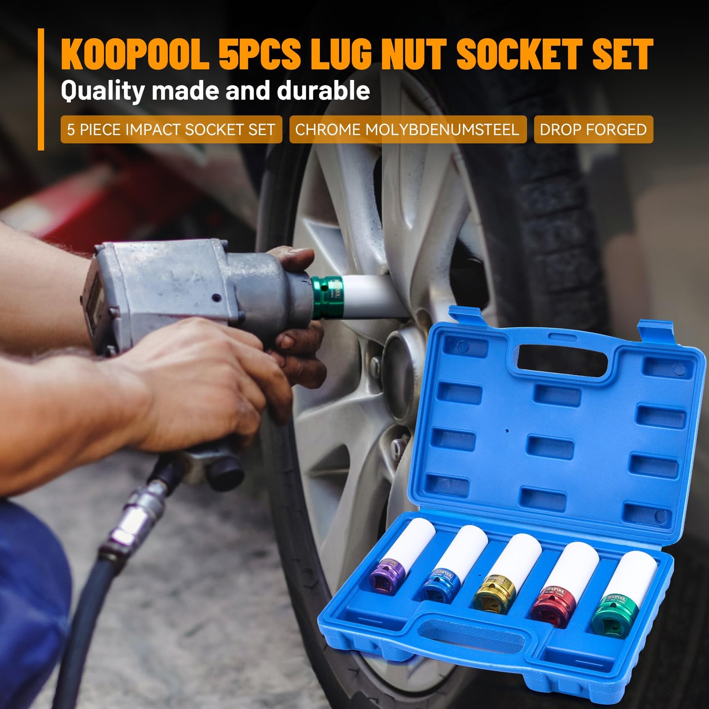 Kit Profesional 5 Copas De Impacto 1/2" Con Manga Protectora Para Ruedas 15-22mm