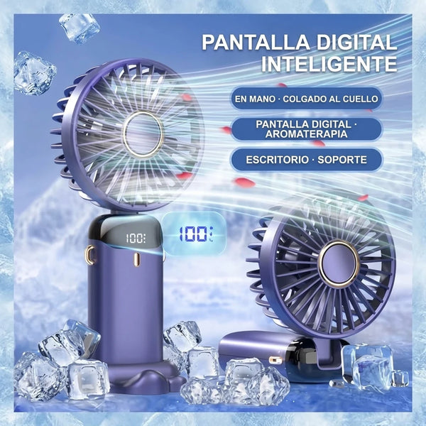 Ventilador Portátil Plegable 5 Velocidades — Manos Libres con Pantalla LED, Cuello y Escritorio