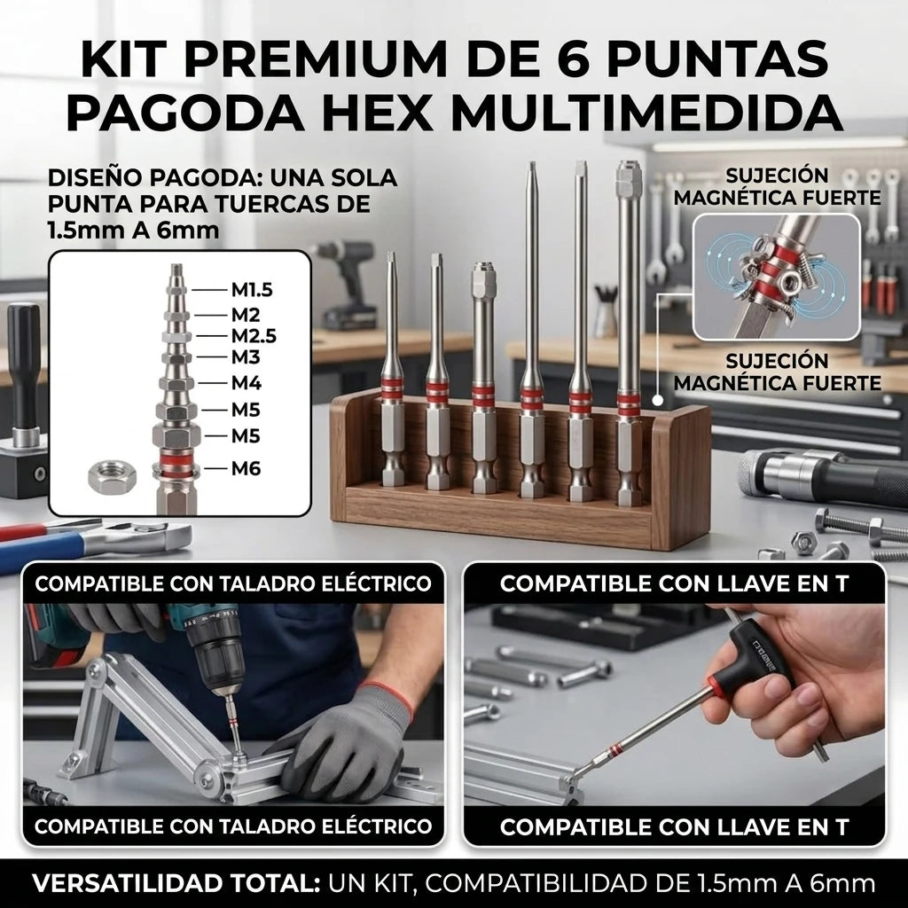 Set x6 Puntas Hexagonales Pagoda Magnéticas Universal