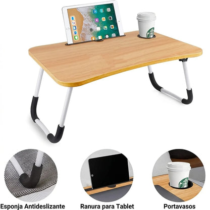 Mesa Plegable Multiusos para Cama y Sofá con Ranura para Tablet y Portavasos