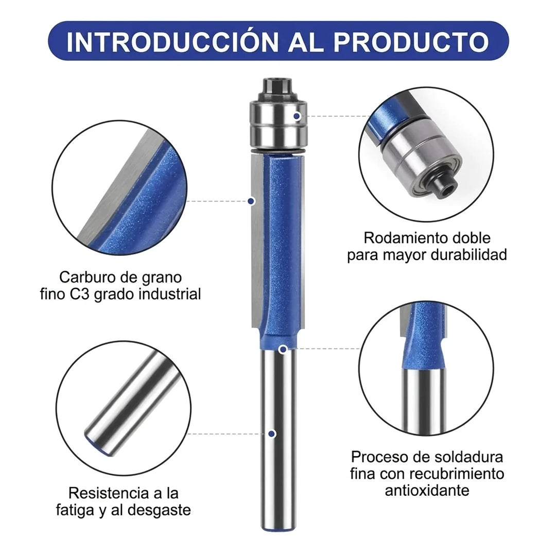 Kit Profesional 8 Piezas Fresas de Corte al Ras con Doble Rodamiento Para Fresadora / Router