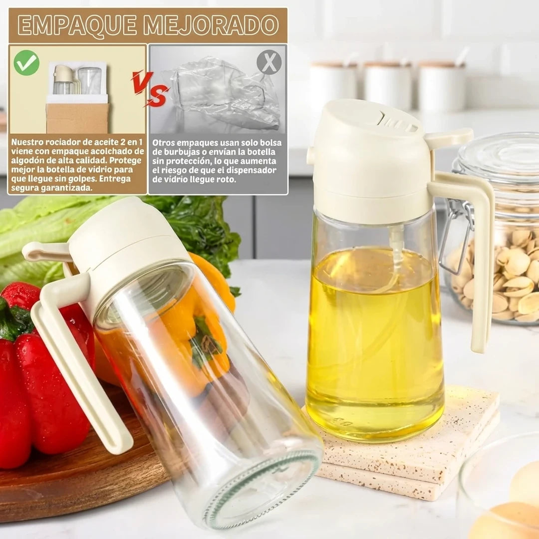 Dispensador 2 en 1 de Aceite — Rociador y Vertedor de Vidrio