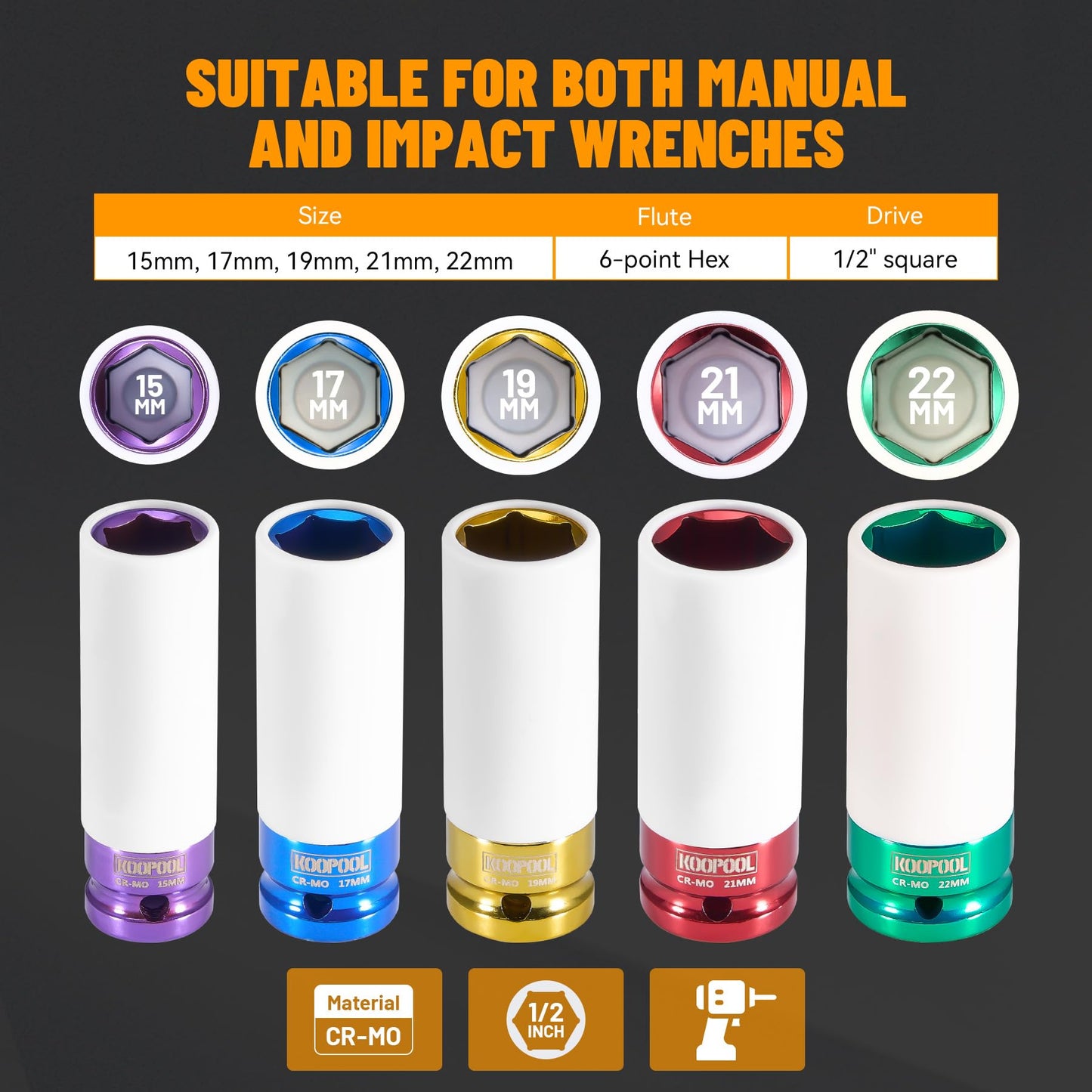 Kit Profesional 5 Copas De Impacto 1/2" Con Manga Protectora Para Ruedas 15-22mm