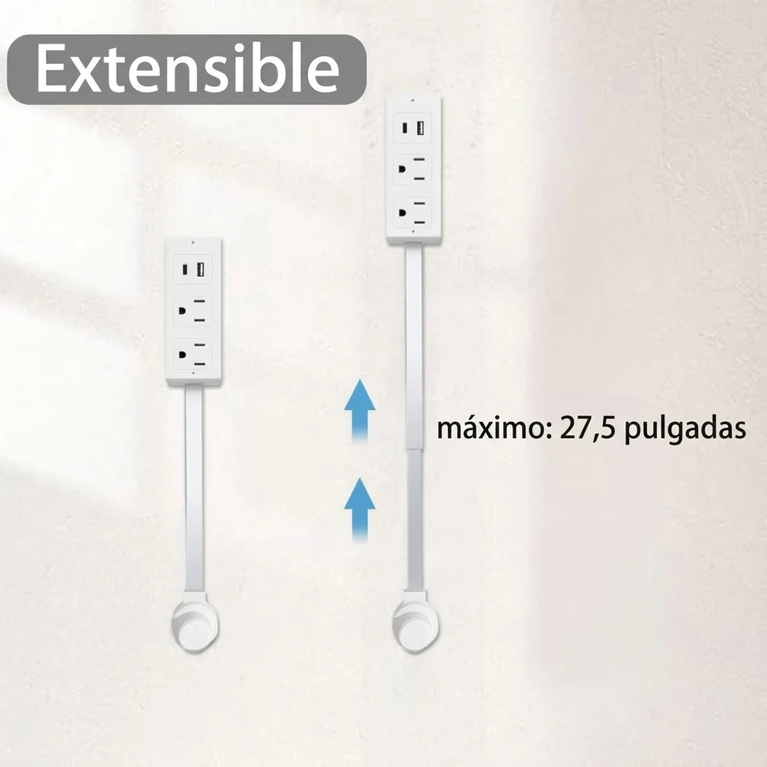 Extensor de Enchufe Giratorio 180° Con Brazo Retráctil CA y Puertos USB-A/USB-C