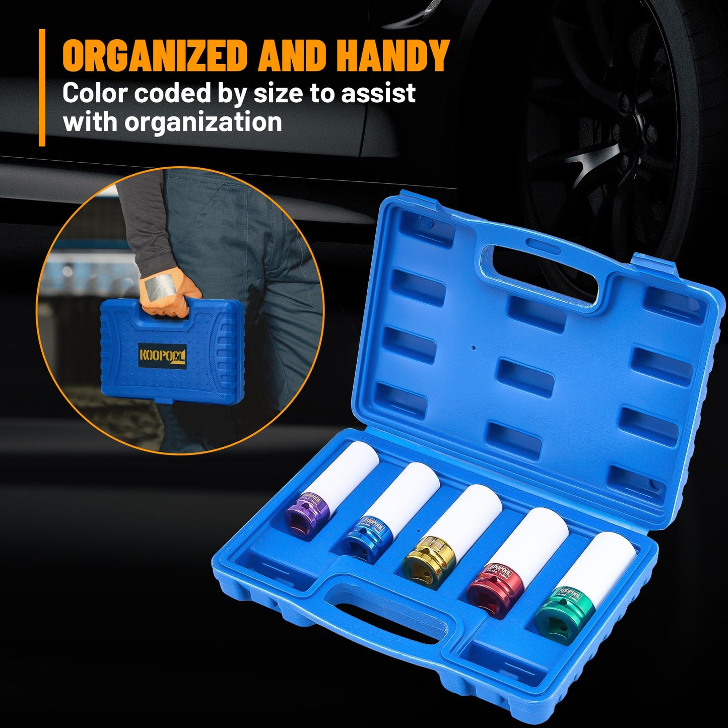 Kit Profesional 5 Copas De Impacto 1/2" Con Manga Protectora Para Ruedas 15-22mm