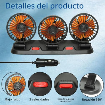 Ventilador Para Carro 3 Cabezales Brazo Extensible 360° 2 Velocidades