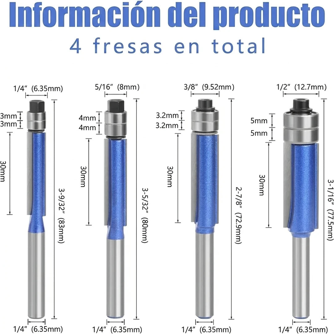 Kit Profesional 8 Piezas Fresas de Corte al Ras con Doble Rodamiento Para Fresadora / Router