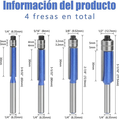 Kit Profesional 8 Piezas Fresas de Corte al Ras con Doble Rodamiento Para Fresadora / Router