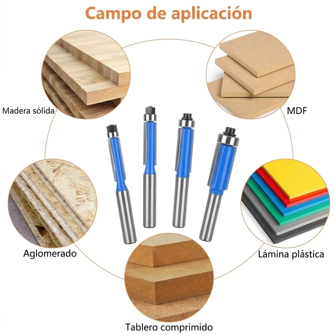 Kit Profesional 8 Piezas Fresas de Corte al Ras con Doble Rodamiento Para Fresadora / Router