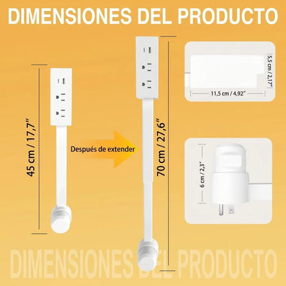Extensor de Enchufe Giratorio 180° Con Brazo Retráctil CA y Puertos USB-A/USB-C