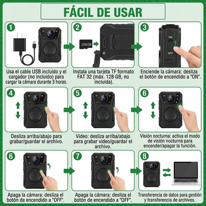 Cámara Corporal Pro Wi Fi Lente Giratorio 180° HD Visión Nocturna