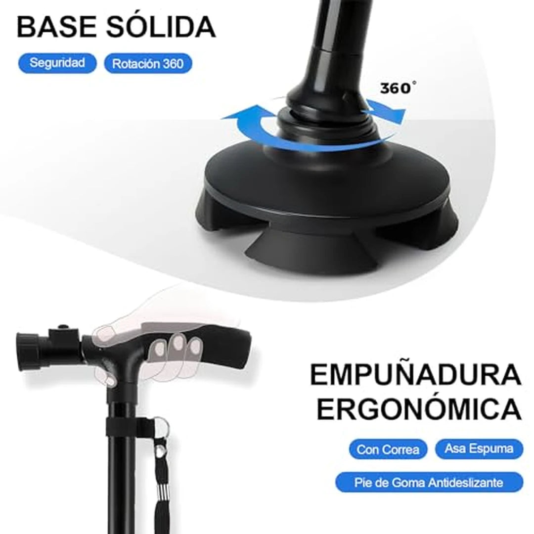Bastón Plegable Ajustable Con Luz LED Base Giratoria 360°