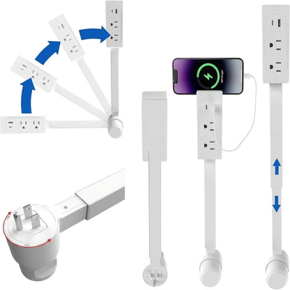 Extensor de Enchufe Giratorio 180° Con Brazo Retráctil CA y Puertos USB-A/USB-C