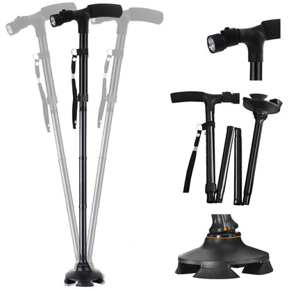 Bastón Plegable Ajustable Con Luz LED Base Giratoria 360°