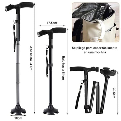 Bastón Plegable Ajustable Con Luz LED Base Giratoria 360°