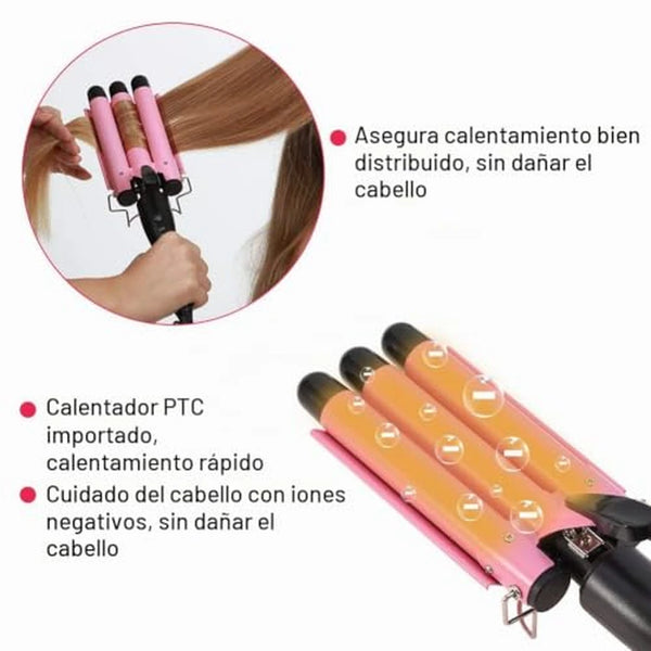 Rizador de Pelo 3 Barriles Cerámica Turmalina Con Ondas Playeras en Minutos y Protección de Iones