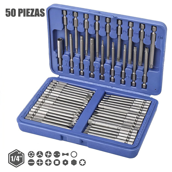 Set Profesional 50 Piezas Puntas Largas De Seguridad 1/4" Para Destornillador / Taladro De Impacto