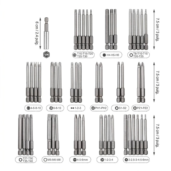 Set Profesional 50 Piezas Puntas Largas De Seguridad 1/4" Para Destornillador / Taladro De Impacto