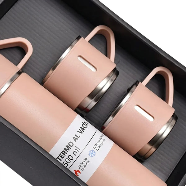 Set Termo Portátil de Acero Inoxidable 500 ml Con Tapa-Taza y 2 Tazas (Rosa)