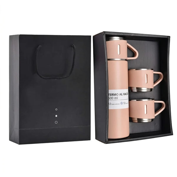 Set Termo Portátil de Acero Inoxidable 500 ml Con Tapa-Taza y 2 Tazas (Rosa)