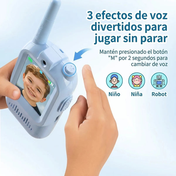 Walkie Talkie de Video para Niños 2 en 1 Con Pantalla HD, Recargable USB-C y Cambiador de Voz